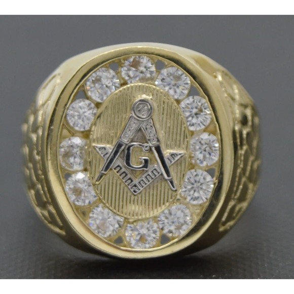Real 10K Solid Yellow Gold 19mm CZ Master Freemason Masonic Ring 7.0gr ALL Size - Picture 2 of 6